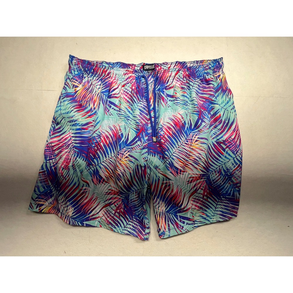 CAPELLE 4XL Tropical Leaf Print Swim Trunks Men's Drawstring Blue Orange Pink